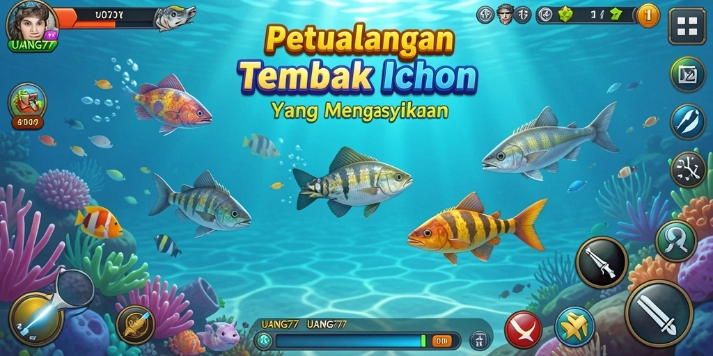 Gameplay seru UANG77 dengan menembak ikan berwarna-warni.